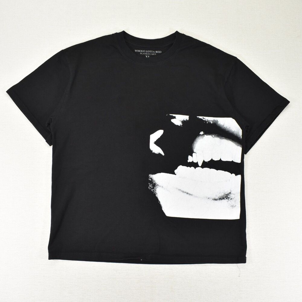 Playboi Carti Whole Lotta Red T-Shirt Black Vampire Teeth Graphic Tee Men's XL